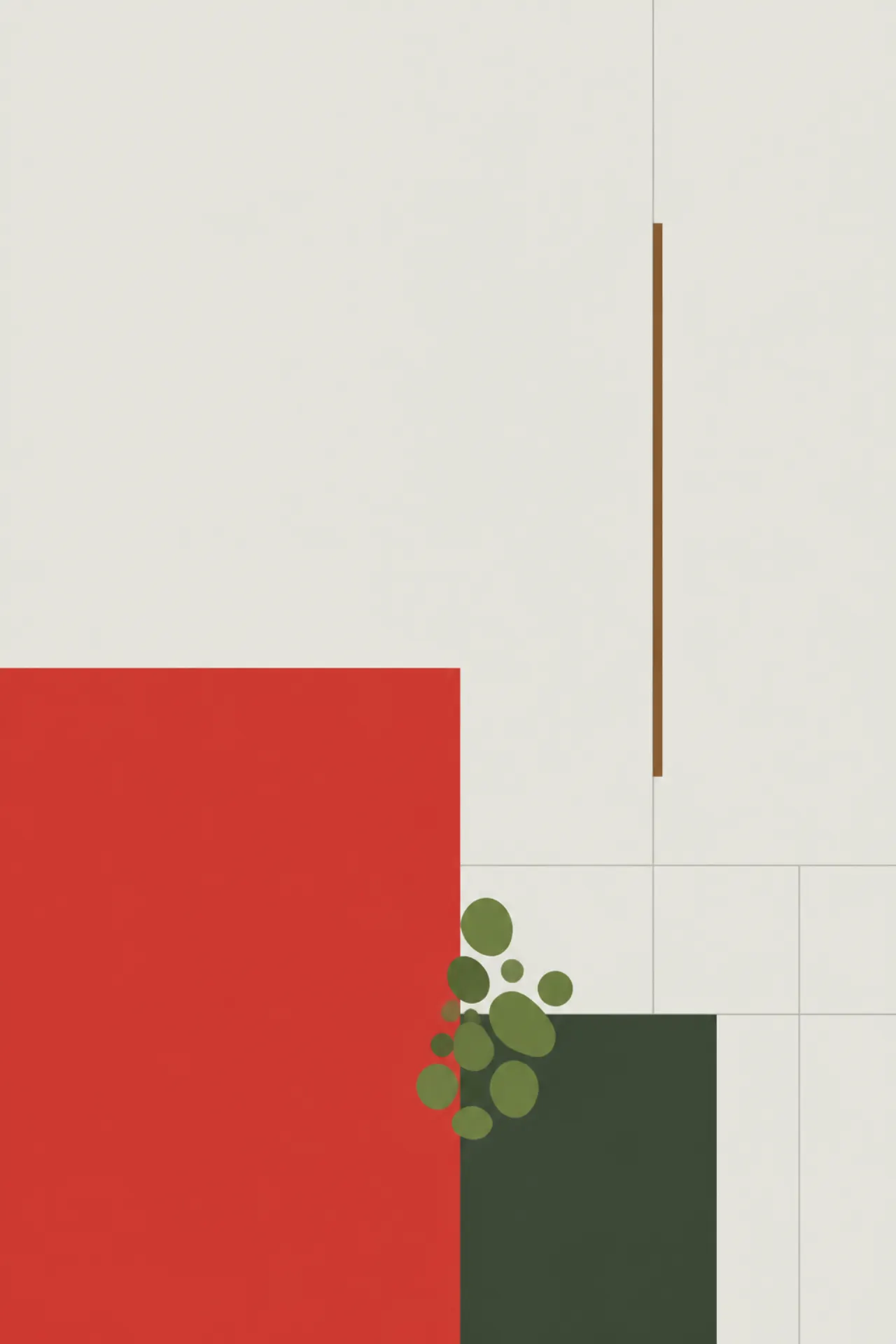Vermillion square, pine slabs, and moss clusters