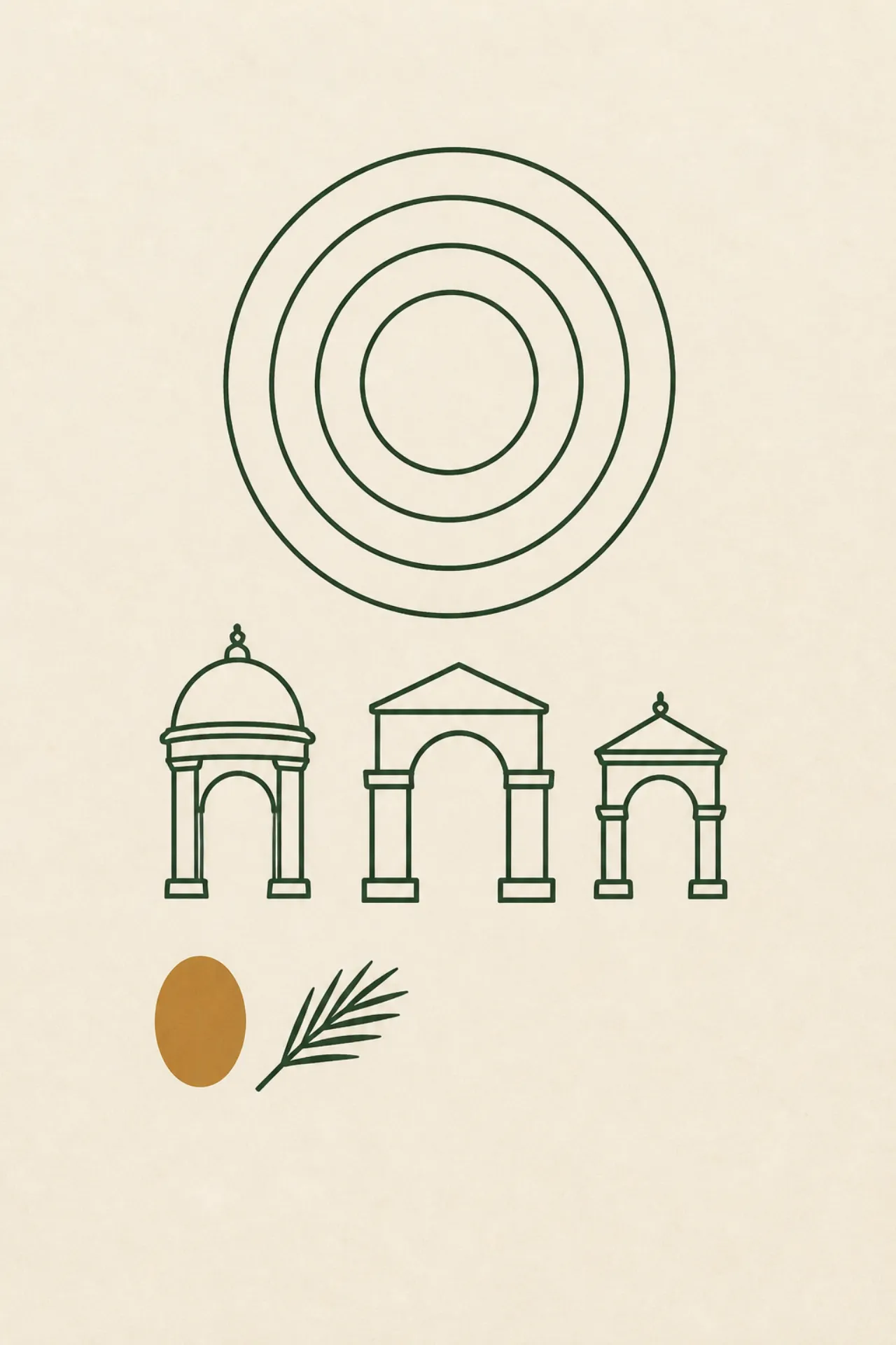 Concentric spring, sanatorium-town arches, a brass token, and a pine sprig